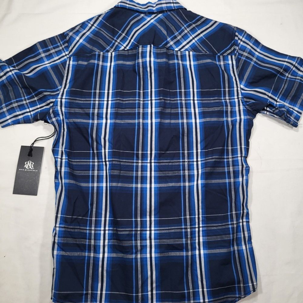 Rock & Republic Men's‎ Small Blue Plaid Short Sleeve Button Up Shirt - Picture 7 of 9